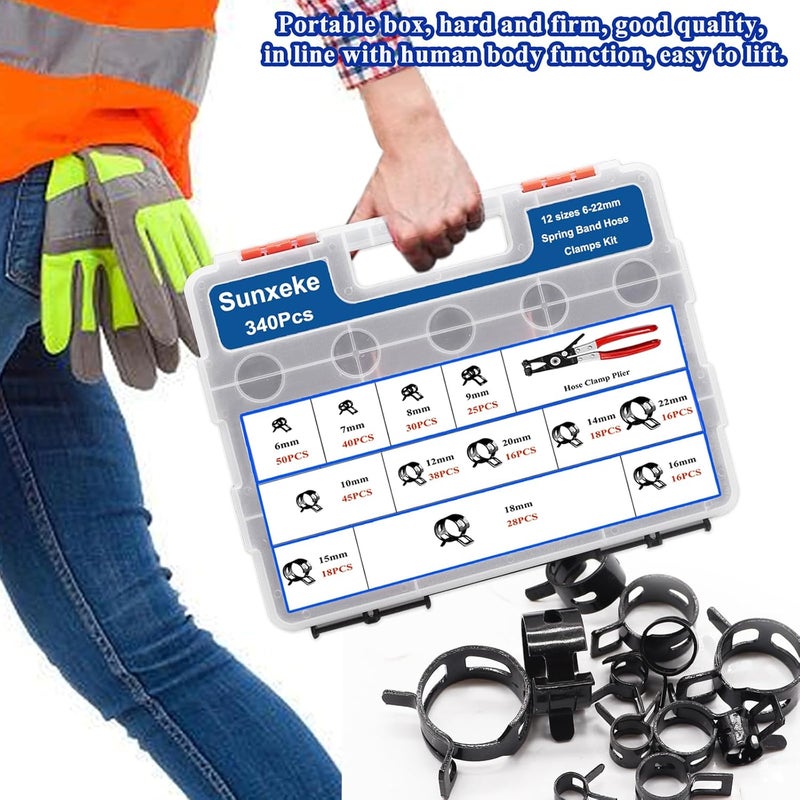 Sunxeke 340Pcs 6-22mm Spring Band Hose Clamps Kit,12 Sizes Spring Pipe Clamps with Swivel Flat Hose Clamp Plier,Low Pressure Air Clip Strap Clamp for Silicone Vacuum Hose Clamp Fuel Line Clamps - Image 4